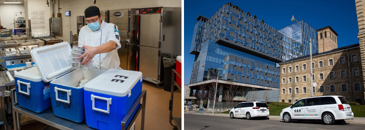 Two photos side by side, on the left, A chef wearing a mask, putting packaged meals into coolers in a large industrial kitchen. On the right, two white meals on wheels vans parked in front of a modern building and an old stone building on a sunny day with clear blue sky in the background