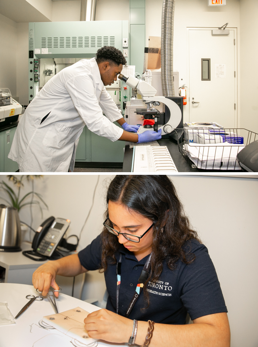 Jalanni (top) learned about how lab technicians prepare patient samples for analysis in Cytopathology. Crea (below), and other students visited the Surgical Skills Centre at Mount Sinai where they practiced stitches on pads made of silicon and foam.