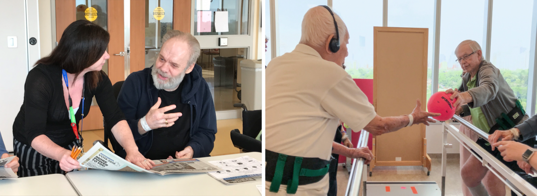 Two separate photos next to each other. One shows a patient and member of the clinical team at a table discussing a newspaper. The second photo shows an exercise where two patients are standing holding onto railings and passing a ball to each other.