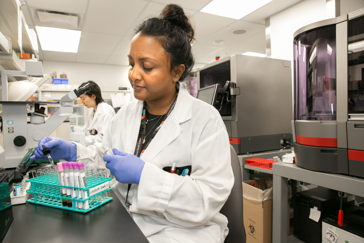 When a patient requires a blood transfusion, a sample of the patient’s blood is drawn and sent to the lab for testing to find the best possible donor blood match.