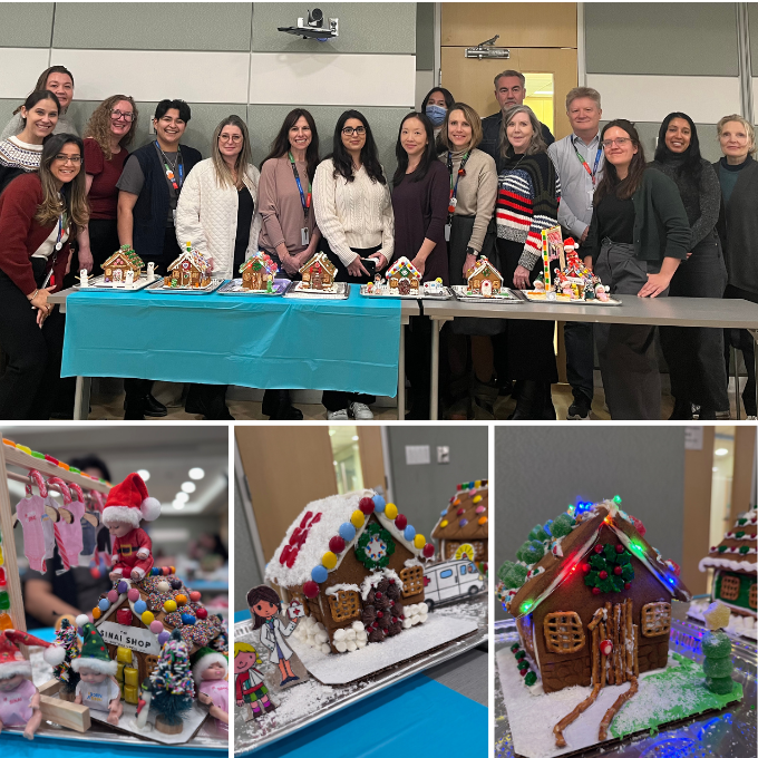 Corporate Communications team posing for a group photo with beautifully decorated gingerbread houses to celebrate the holiday season.