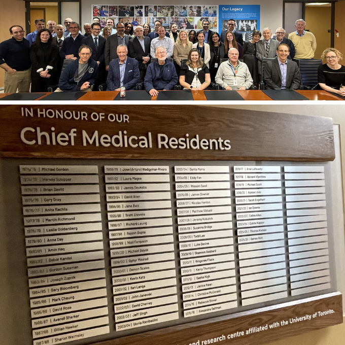 Collage of a group photo of past chiefs and program directors from the Department of Medicine and a photo of a plaque honouring former Chief Medical Residents from 1974 to the present.