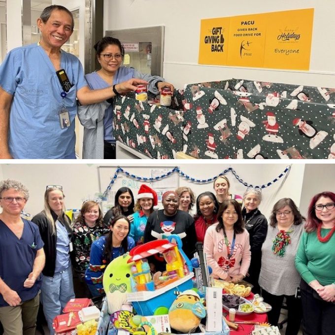 PAU and PACU team members standing in front of donation boxes for the food drive and toy drive.