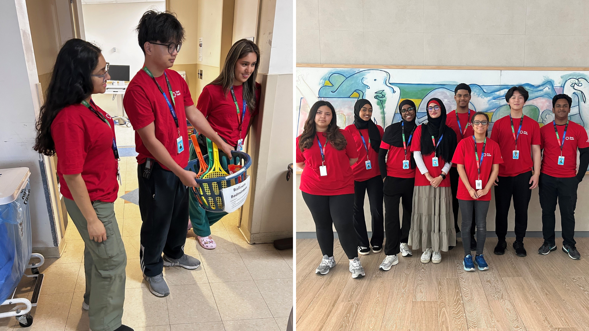 A collage of two photos of youth volunteers. On the left three volunteers in red shirts enter a hospital room with a basket of equipment to play games. On the left a group of people stand in a corridor, they are wearing red shirts and looking at the camera, smiling.