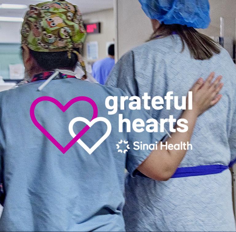 Medical staff comforting a patient and a logo that reads grateful hearts