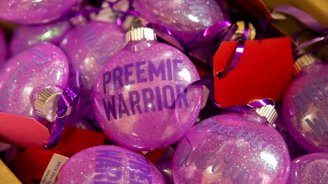 Handmade ornaments that have “Preemie Warrior” written on it.