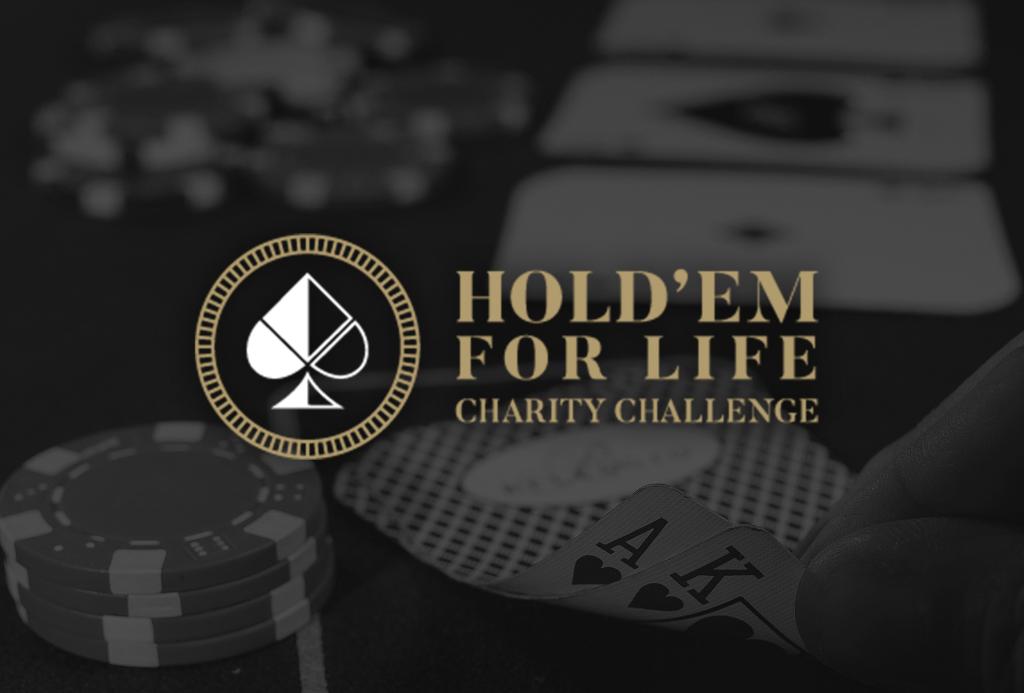 Black and white photo of a poker game with hold em for life logo