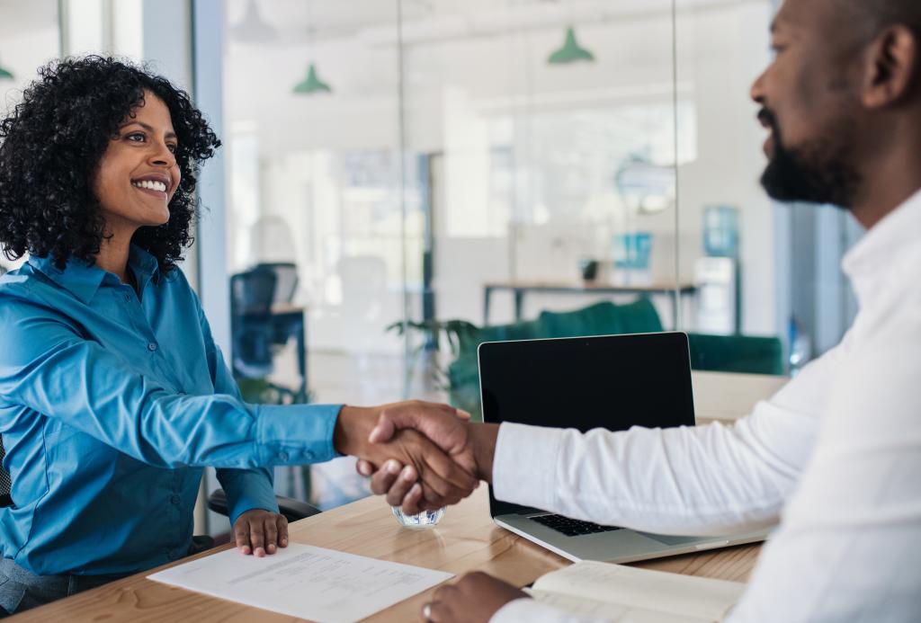 A prospective employer meeting with a member of the HR team