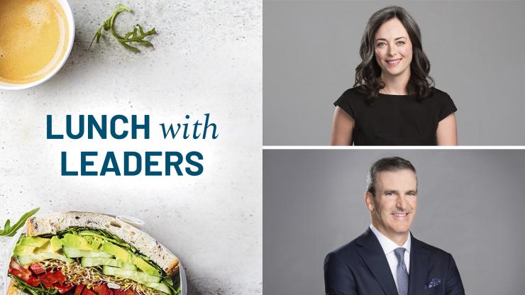 Text that reads lunch with leaders with a photo of David R. Kaufman and Janice Dubiansky