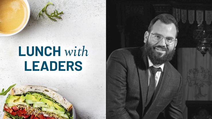 Text that reads lunch with leaders and photo of Rabbi Meir