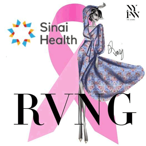 Graphic image with Sinai Health and RVNG logos. Illustration of a woman wearing a purple floral dress standing in front of a pink ribbon.