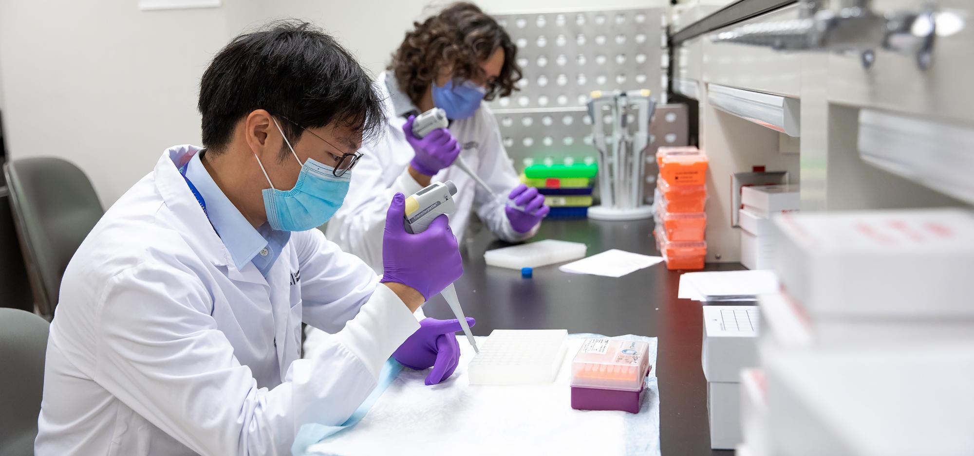 Two researchers wearing masks and lab coats are pipetting liquid into tubes in the lab