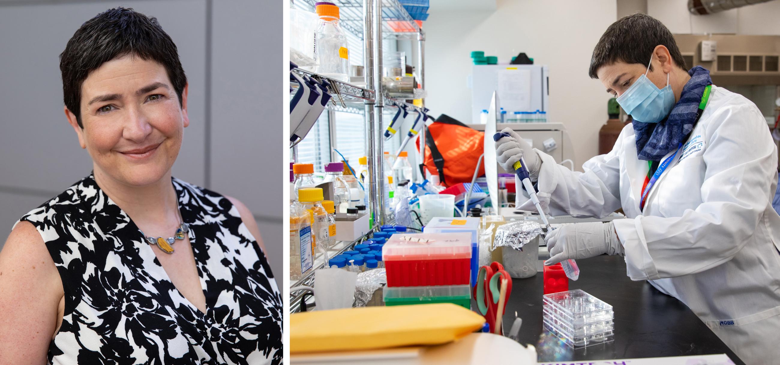 A collage of two images of Dr. Gingras, on the left is a headshot of a Caucasian woman with short hair, on the right she is pipetting in the lab wearing a face mask and lab coat