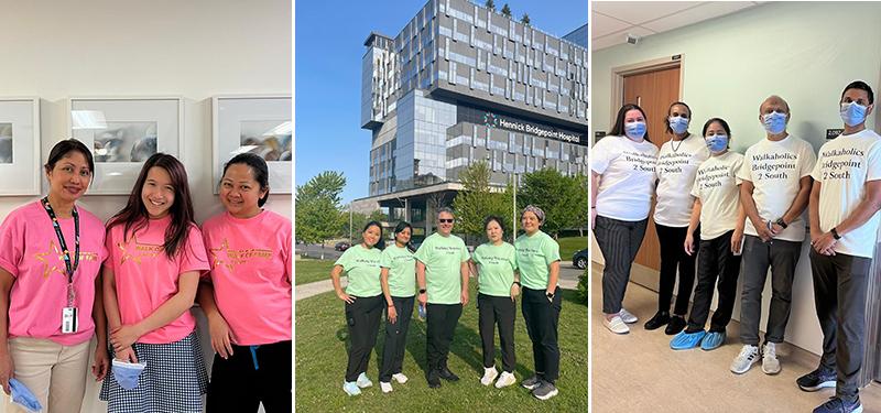 Collage of three photos showing teams of colleagues wearing colour-matched t-shirts, from pink to green to white.