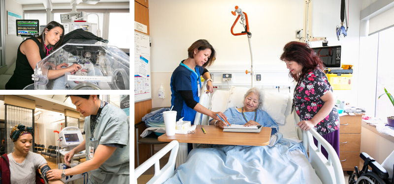 Composite image of various healthcare workers helping patients. 