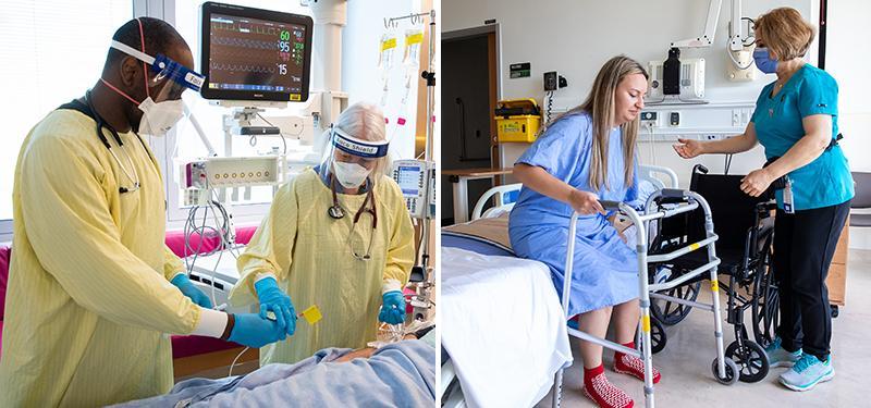 a collage of two images depicting nurses helping patients