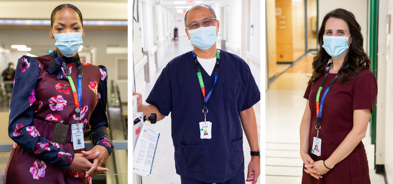 Collage of Sinai Health staff posing for a picture. In the first photo you see Darlene Lyte, Project Manager, Facilities Planning and Development. In the second photo you see Edgar Oro, Unit Support Technician, Central Supply Room. And in the third photo you see Christina Fabbruzzo-Cota, Nurse Unit Administrator, Mount Sinai Hospital.