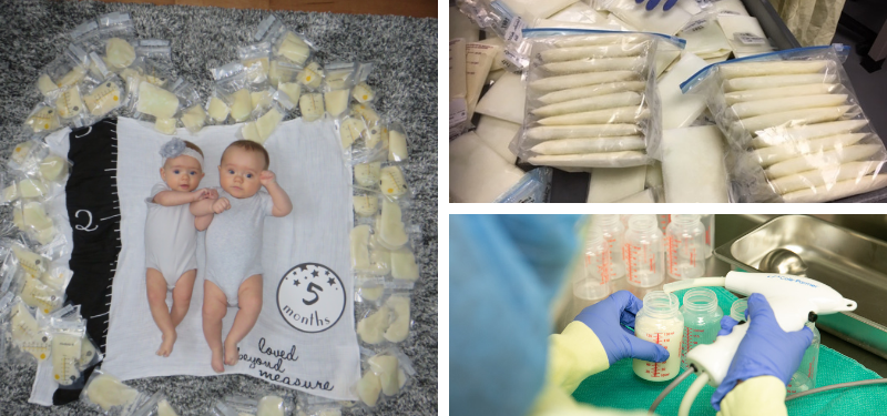 Twin babies lying on a carpet, surrounded by bags of donated breastmilk