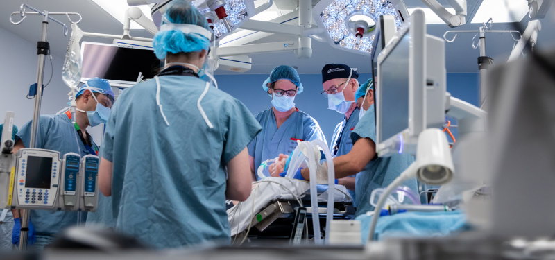 A surgical team performs a procedure in the new operating space at Mount Sinai Hospital.