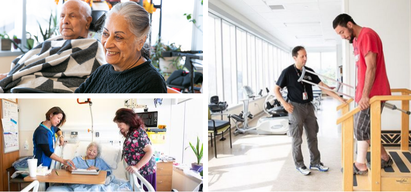 Composite image of elderly couple, caregivers helping elderly woman in bed and caregiver with man on crutches. 