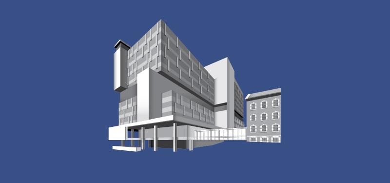 Mockup image of Hennick Bridgepoint building with blue background.