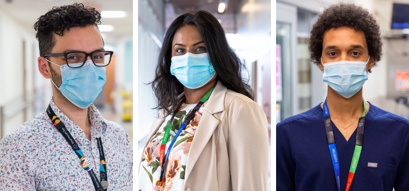 Amir, Thevaki and Brook pose in the hallways at Bridgepoint Active Healthcare and Mount Sinai Hospital. 