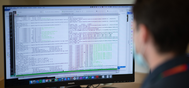 A Sinai Health researcher looking at computer code on his desktop