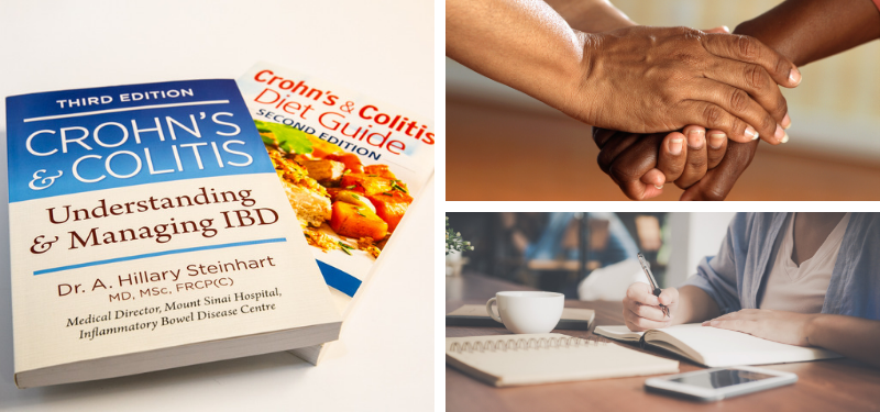 image of IBD books, image of 2 people holding hands, image of a person working at a table.