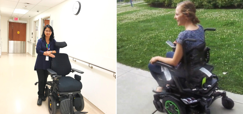 Woman standing with wheelchair and woman in wheelchair.