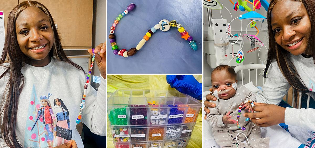 Collage of of pictures with a mother and her baby and the bracelet created out of beads. 