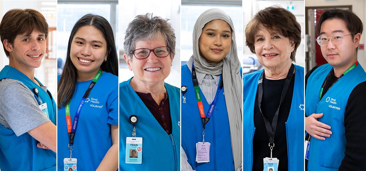 A collage of 6 volunteers who volunteer at Mount Sinai Hospital and Hennick Bridgepoint Hospital. 