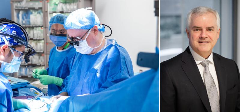 Collage of Dr. Ian Witterick. One photo with his gowned up during surgery and another of him in a suit 