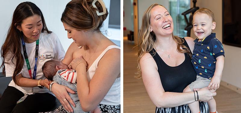 Patient receiving breastfeeding support from lactation consultant, and a mother holding her toddler. 