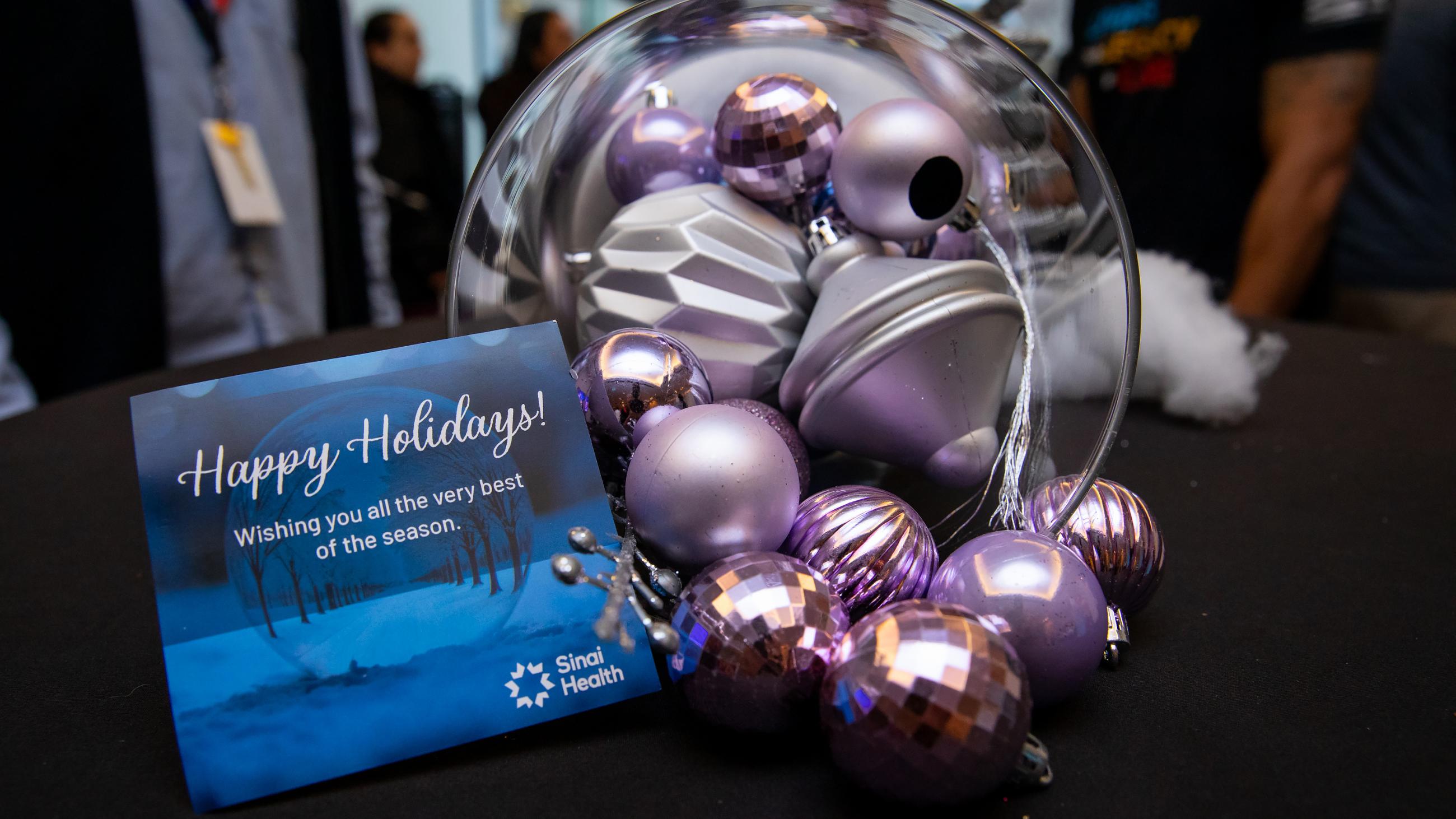 A table top display of ornaments at Sinai Health’s Holiday Open House.