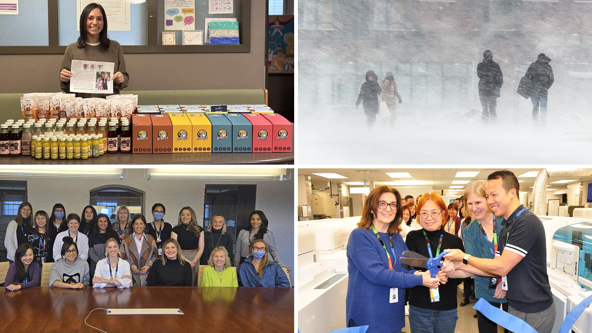 Collage showcasing Sinai Health staff celebrating achievements, a mother with a pile of donated items, and staff in a snowstorm.