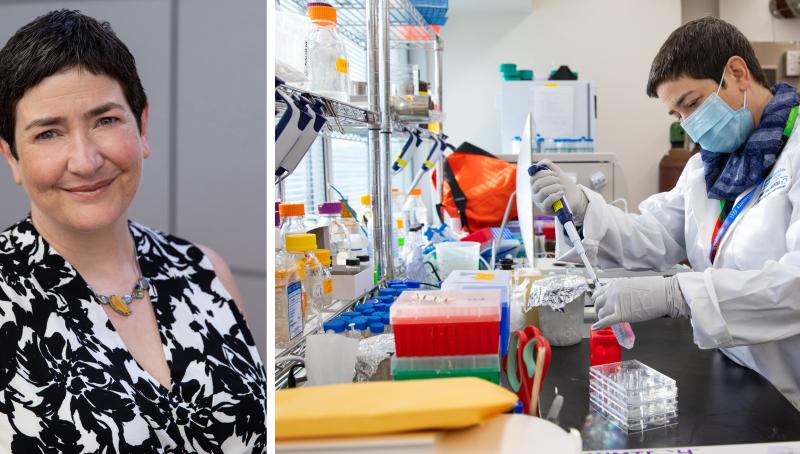 A collage of two images of Dr. Gingras, on the left is a headshot of a Caucasian woman with short hair, on the right she is pipetting in the lab wearing a face mask and lab coat