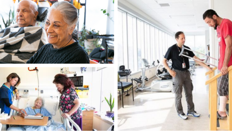 Composite image of elderly couple, caregivers helping elderly woman in bed and caregiver with man on crutches. 