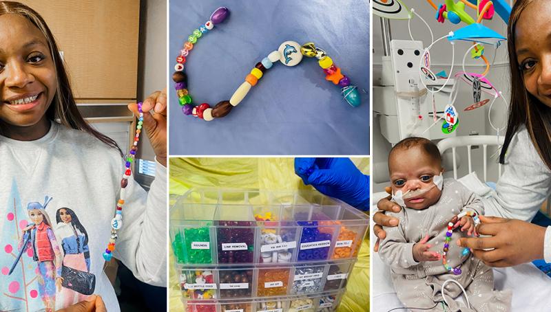 Collage of of pictures with a mother and her baby and the bracelet created out of beads. 