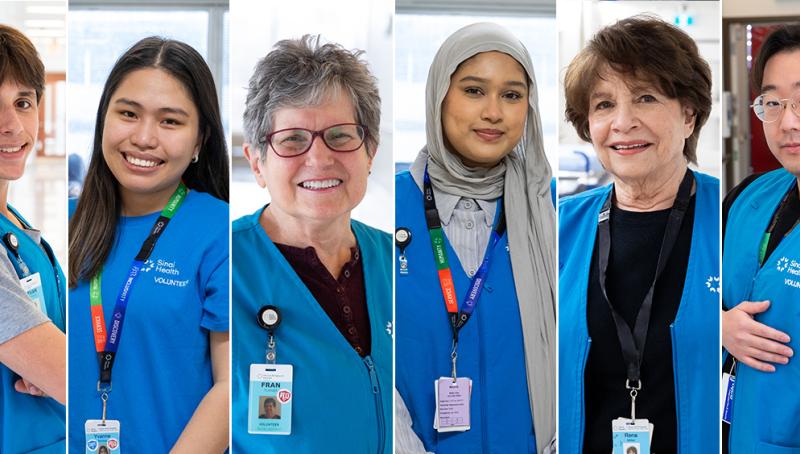 A collage of 6 volunteers who volunteer at Mount Sinai Hospital and Hennick Bridgepoint Hospital. 