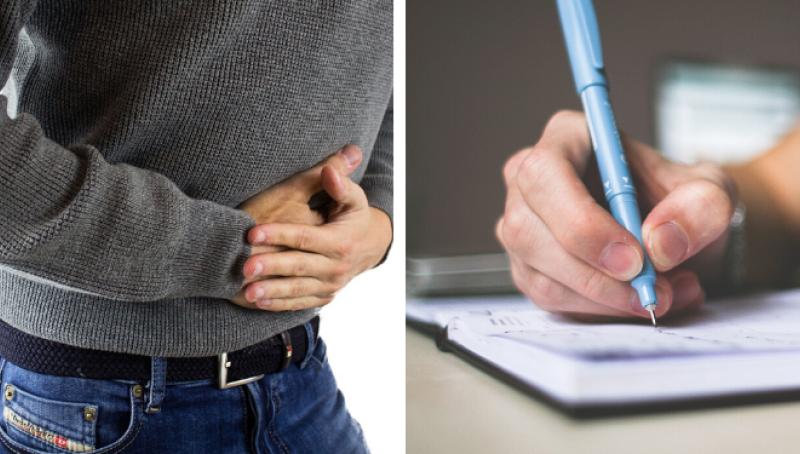 A collage of photos, the first being a man holding his stomach looking like he is in pain and the second of a hand writing notes 