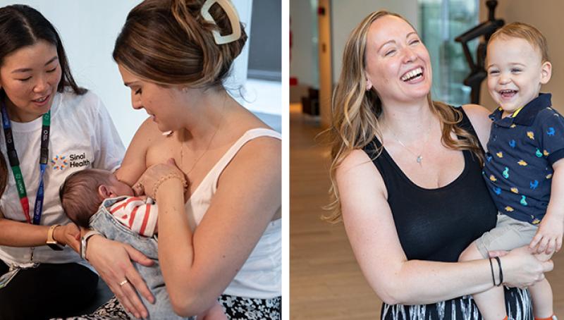 Patient receiving breastfeeding support from lactation consultant, and a mother holding her toddler. 