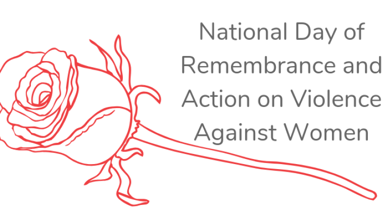 Rose graphic with text: National Day of Remembrance and action on violence against women