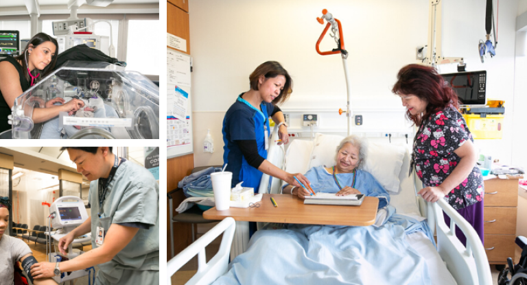 Composite image of various healthcare workers helping patients. 