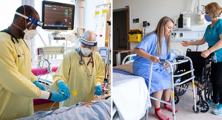 a collage of two images depicting nurses helping patients