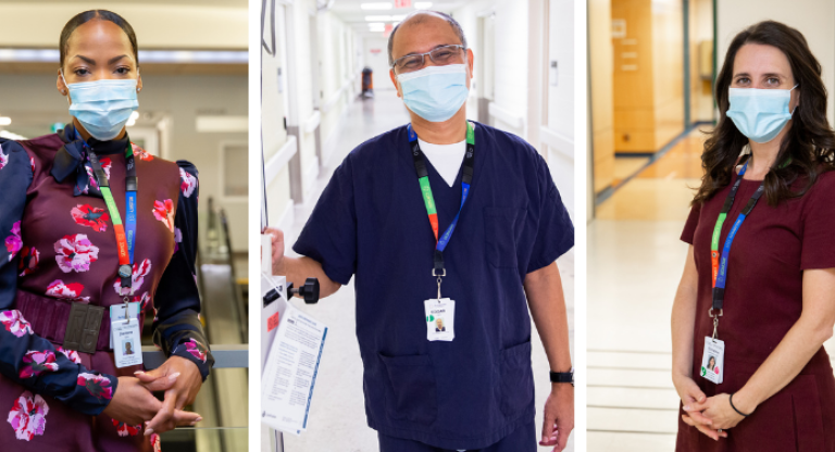 Collage of Sinai Health staff posing for a picture. In the first photo you see Darlene Lyte, Project Manager, Facilities Planning and Development. In the second photo you see Edgar Oro, Unit Support Technician, Central Supply Room. And in the third photo you see Christina Fabbruzzo-Cota, Nurse Unit Administrator, Mount Sinai Hospital.