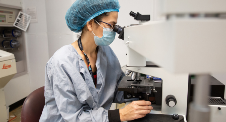 Dr. Elizabeth Demicco looks into the ocular lenses of a microscope.