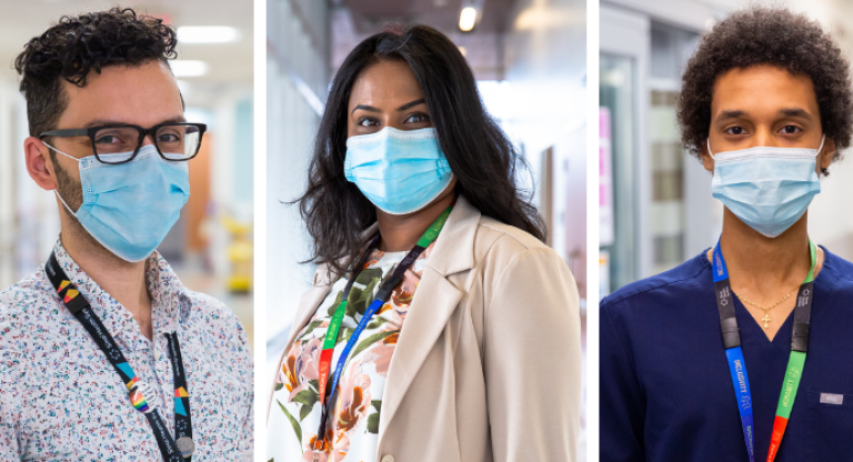 Amir, Thevaki and Brook pose in the hallways at Bridgepoint Active Healthcare and Mount Sinai Hospital. 