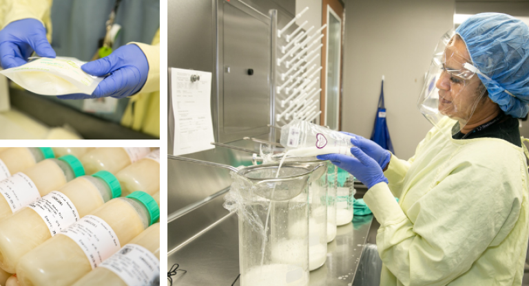 Milk Bank staff member transferring donated milk.