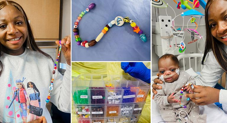 Collage of of pictures with a mother and her baby and the bracelet created out of beads. 