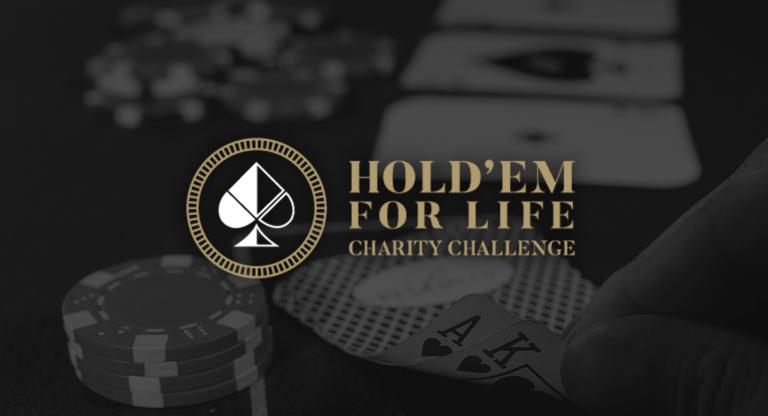 Black and white photo of a poker game with hold em for life logo